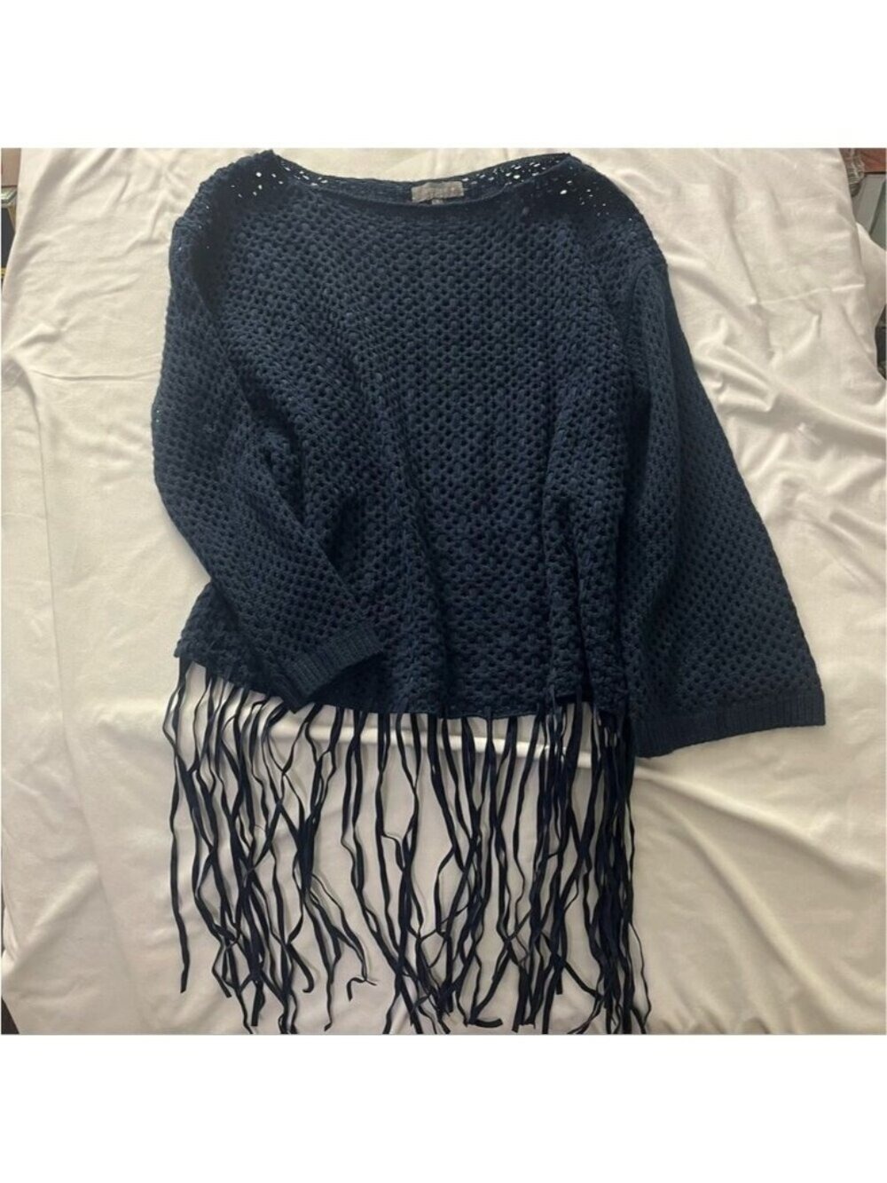 Umgee Knit XL Navy Blue Faux Suede Fringe Top